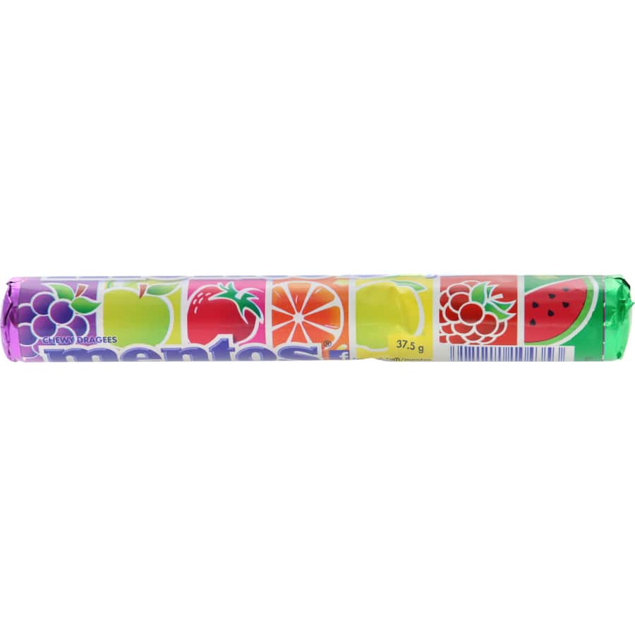 Colorful Mentos Sweets Rainbow Roll featuring fruity flavors like strawberry, watermelon, and pineapple in a chewy candy form.