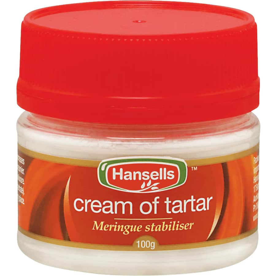 Hansells Cream Of Tartar, versatile stabilizer for egg whites and leavening, ensures perfect baking results.