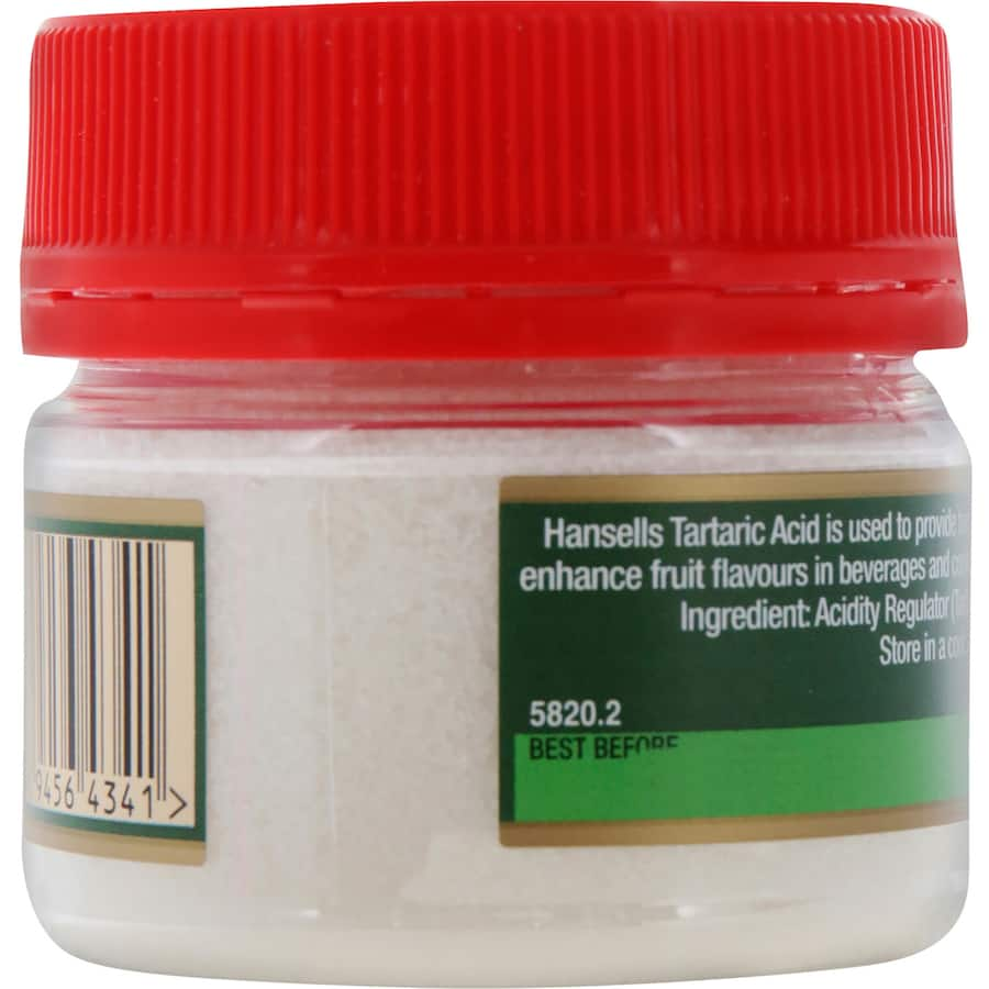 Premium Hansells Tartaric Acid enhances baking by stabilizing egg whites and ensuring perfect rise in desserts.