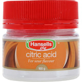 Citric acid by Hansells, used for baking to enhance flavor, preserve, and activate leavening agents.