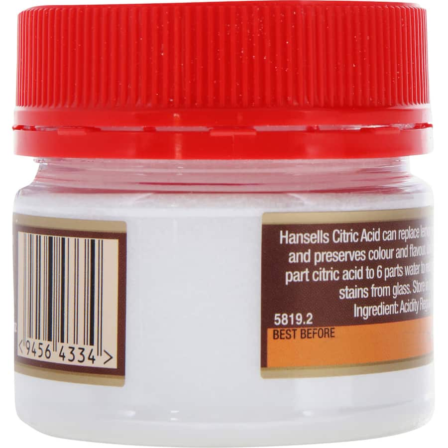 Hansells citric acid for baking, enhancing flavor, preserving, and activating leavening agents.