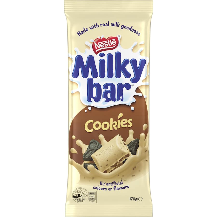 Nestle Milky Bar Chocolate Cookies with creamy white chocolate and crunchy cookie bits, perfect for snacking anytime.