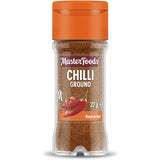 Masterfoods Chilli Powder Ground in a glass shaker, ideal for adding authentic heat and flavor to curries, tacos, and stir-fries.