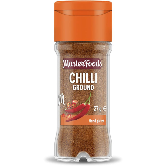 Masterfoods Chilli Powder Ground in a glass shaker, ideal for adding authentic heat and flavor to curries, tacos, and stir-fries.