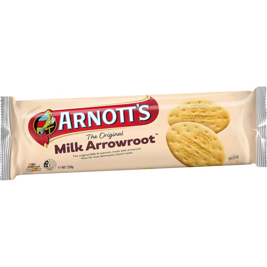 Soft and buttery Arnotts Milk Arrowroot biscuits, perfect for dipping in tea or enjoying on their own.