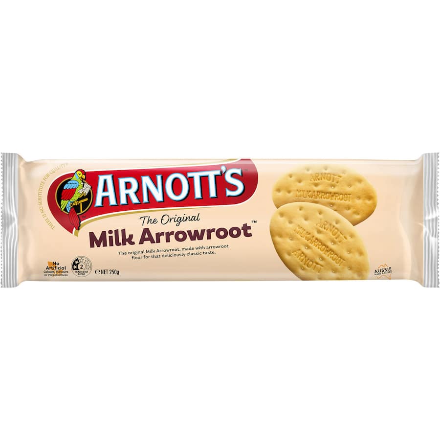 A packet of Arnotts Milk Arrowroot biscuits, soft and buttery, perfect for dipping or snacking, ideal for families and tea parties.