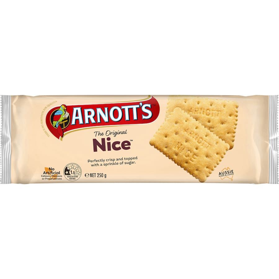 Arnotts Nice Biscuits: Crunchy plain cookies with sugar sprinkles, subtly hinting coconut, perfect for teatime indulgence.