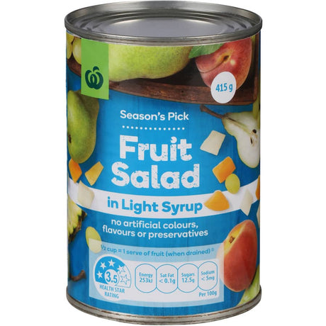 Woolworths Fruit Salad in Light Syrup features a mix of peach, pear, pineapple, and grapes in a light syrup for a healthy treat.