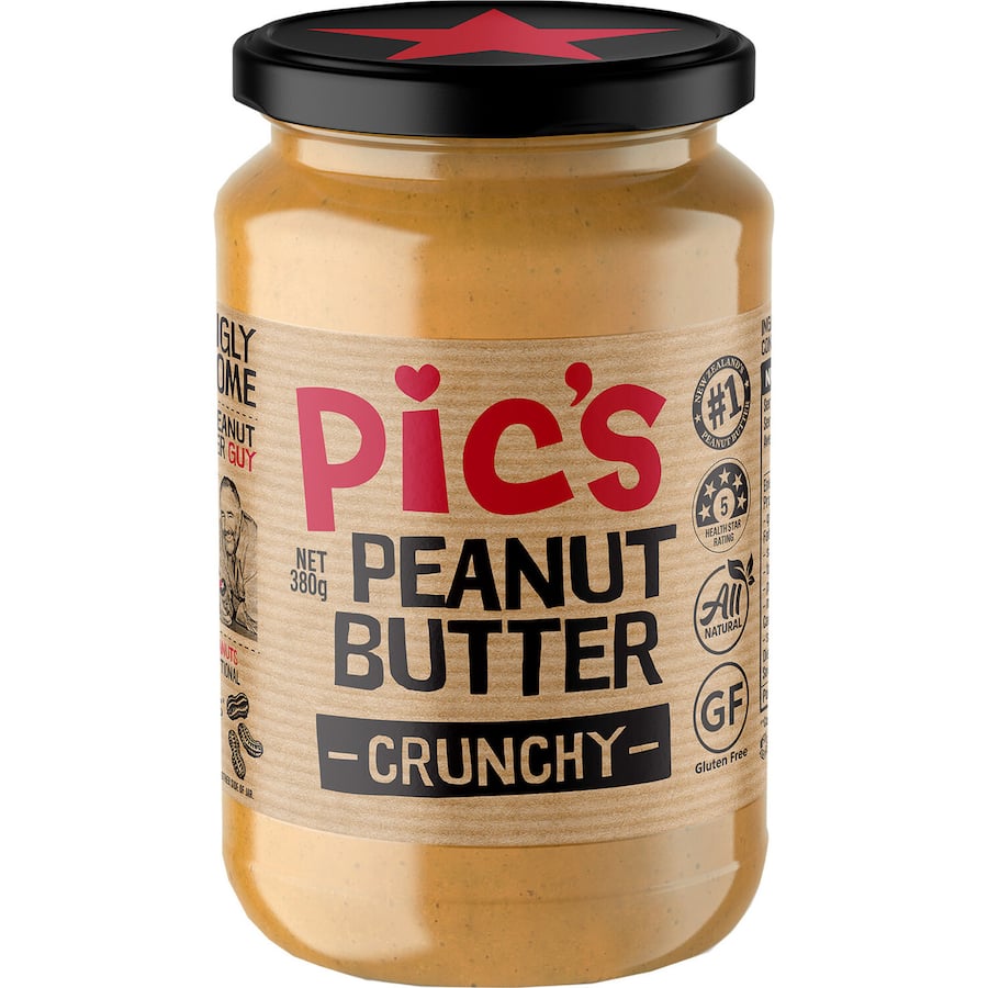 Jar of Pics Peanut Butter Crunchy featuring a mix of large and small peanut bits, made from pure roasted hi oleic peanuts.