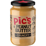 Jar of Pics Peanut Butter Crunchy featuring a mix of large and small peanut bits, made from pure roasted hi oleic peanuts.