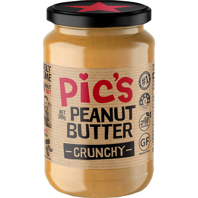 Jar of Pics Peanut Butter Crunchy featuring a mix of large and small peanut bits, made from pure roasted hi oleic peanuts.