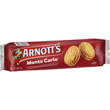 Arnotts Monte Carlo biscuits: two golden coconut and honey biscuits with vanilla cream and chewy jam filling.