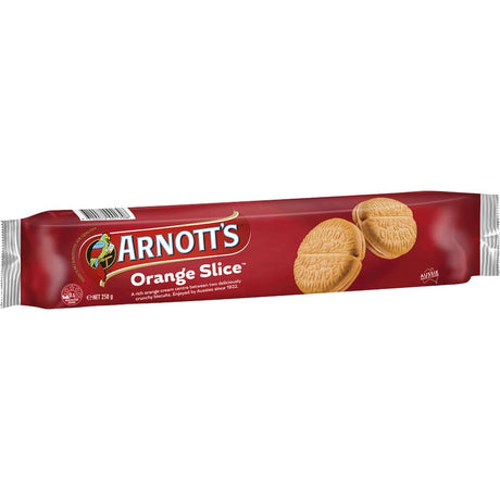 A pack of Arnotts Creme Filled Orange Slices featuring crisp biscuit layers with creamy orange essence filling.