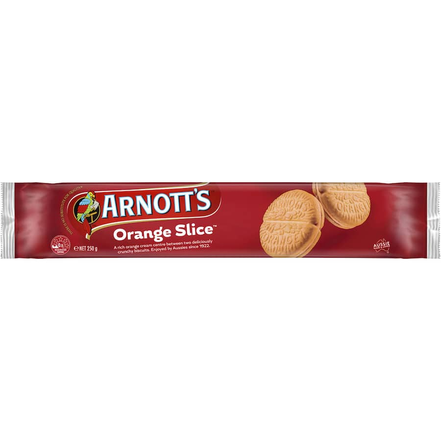 Arnotts Creme Filled Orange Slices: Crisp biscuits with creamy orange filling for a delightful, tangy snack.