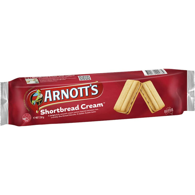 Delicious Arnott's vanilla shortbread cookies filled with smooth cream, elegantly scalloped, perfect for tea or a sweet treat.