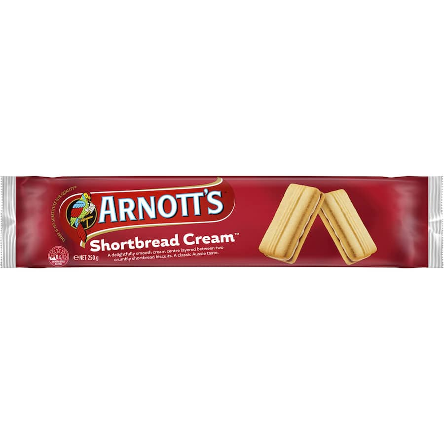 Delicious Arnott's Creme Filled Shortbread cookies with smooth cream filling, perfect for tea time or a sweet treat.