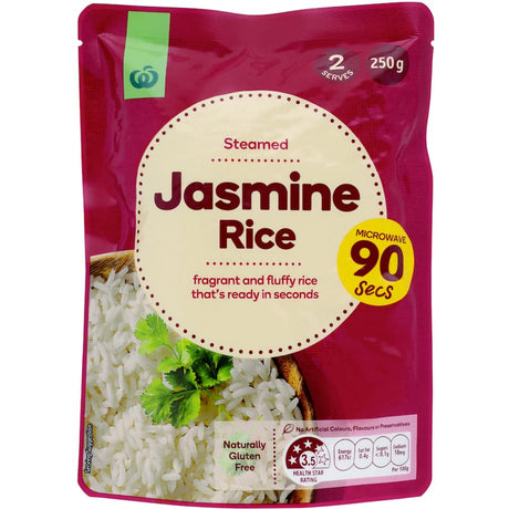 Fluffy, fragrant Woolworths Jasmine Rice, ready in seconds for quick meals and stir-fries, without artificial additives.