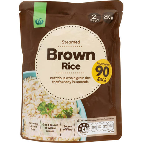 Woolworths Brown Rice Microwave: quick, nutritious whole grain rice, ready in minutes, perfect for busy weeknights.