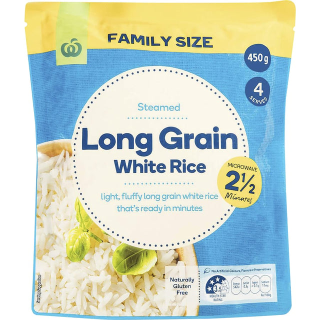 Convenient 450g family-sized Woolworths Long Grain Rice for easy microwave cooking.