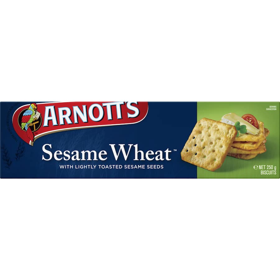 Crisp Arnotts Sesame Wheat crackers featuring a nutty flavor, perfect for dips, cheeses, or solo snacking.