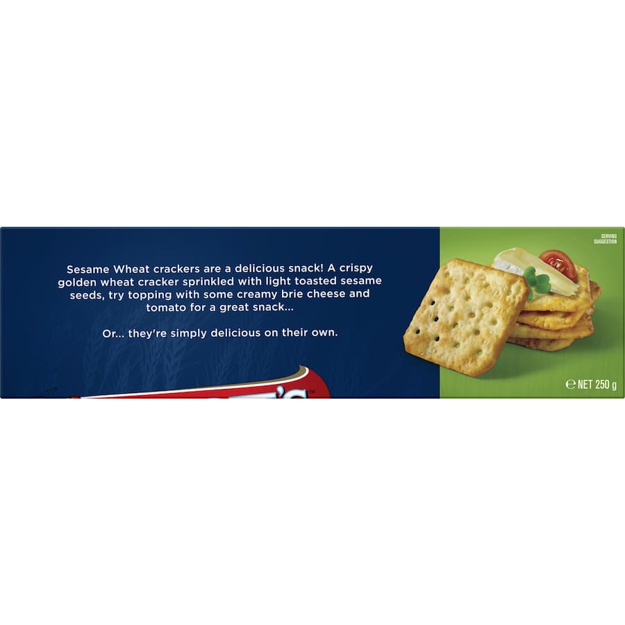 Crispy Arnotts Sesame Wheat crackers featuring nutty sesame seeds, perfect for dips or snacking.