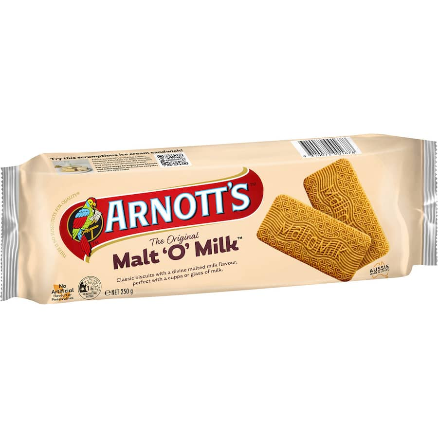 Crunchy Arnott's Malt O Milk biscuits with rich malt flavor, perfect for snacking with tea or coffee.