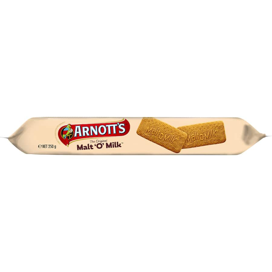 Crunchy Arnott's Malt O Milk biscuits with rich malt flavor, perfect for snacks and tea-time indulgence.