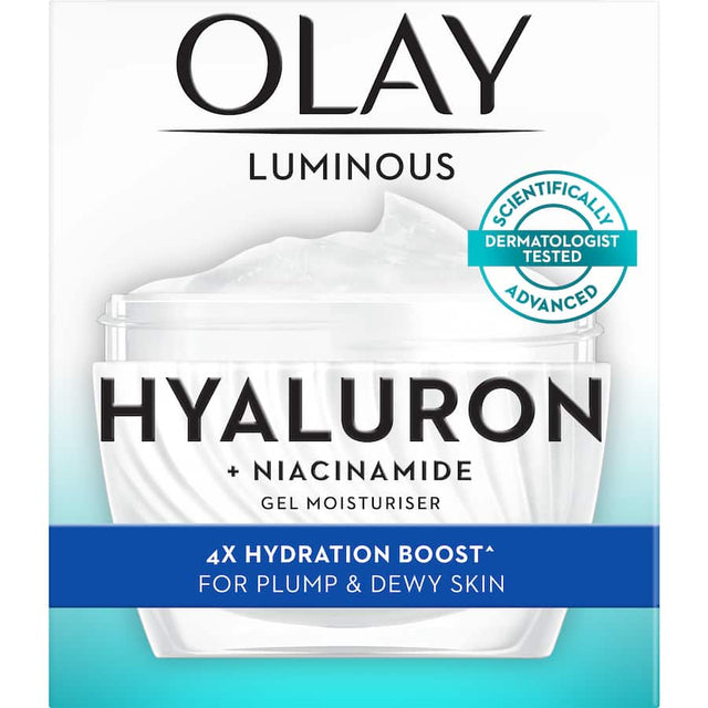 Olay Luminous Gel Moisturiser with Hyaluron and Niacinamide provides instant hydration for plump, radiant skin.