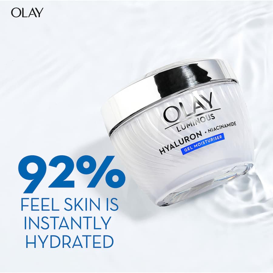 Olay Luminous Gel Moisturiser features Hyaluron and Niacinamide for 24-hour hydration and a radiant, plump complexion.