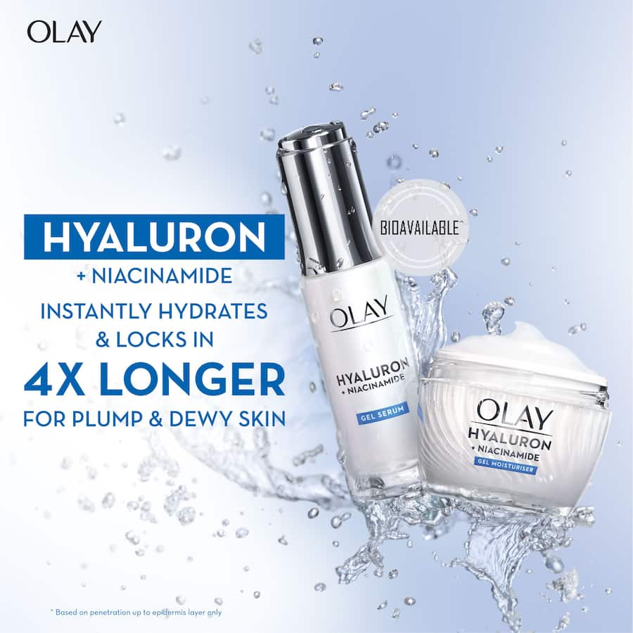 Olay Luminous Gel Moisturiser with Hyaluron and Niacinamide provides instant hydration for a dewy, radiant complexion.