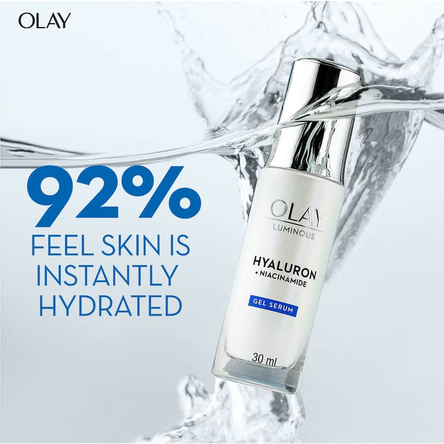 Olay Luminous Gel Serum with Hyaluron and Niacinamide for instant hydration and a plump, dewy complexion.