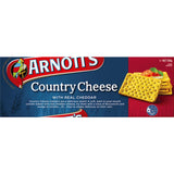 Crunchy Arnotts Country Cheese crackers infused with rich farmhouse flavor, perfect for snacking and pairing with dips.