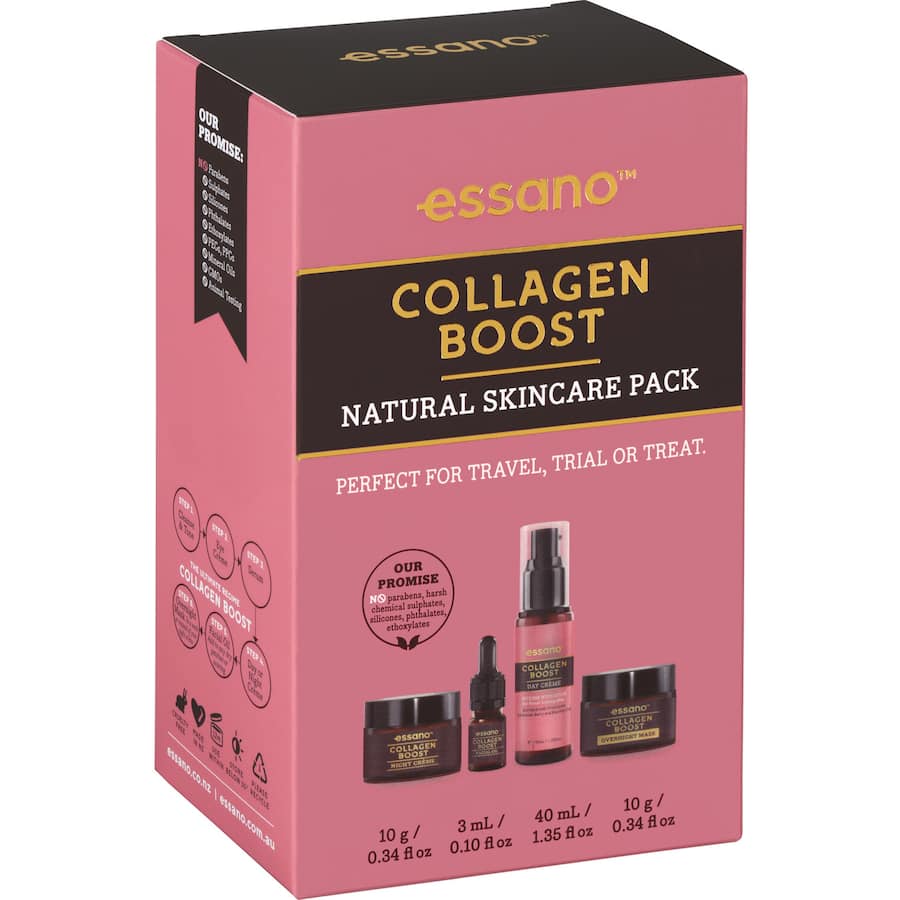 Essano Collagen Boost Skin Care Pack Trial Pack featuring rosehip oil and schisandra berry for rejuvenated, youthful skin.