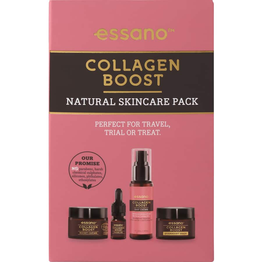 Essano Collagen Boost Trial Pack features rosehip oil and schisandra berry for rejuvenated skin and reduced signs of aging.