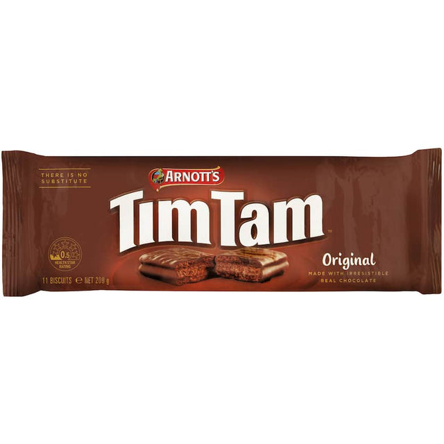 Arnotts Tim Tam Original Chocolate Biscuits, featuring crunchy layers and truffle cream, coated in rich milk chocolate.