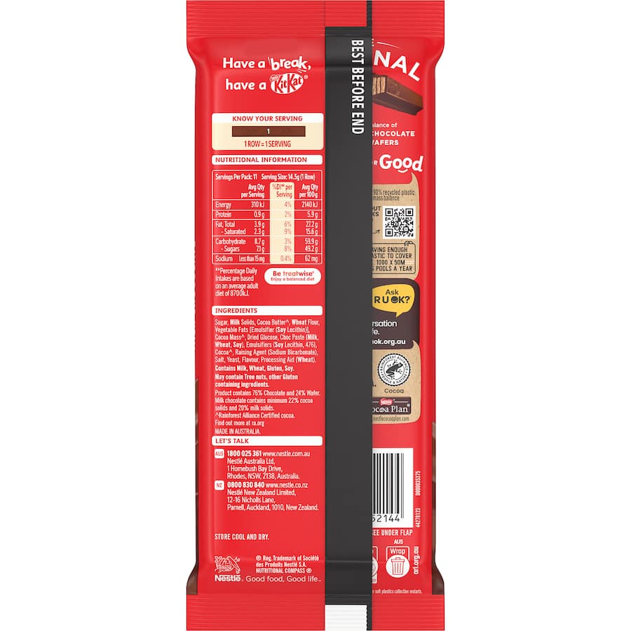 Nestle Chocolate Kit Kat Milk 160g block featuring smooth milk chocolate over crispy wafer fingers, promoting sustainable cocoa.