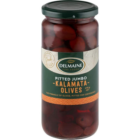 Delmaine Olives Pitted Kalamata in dark purple, jumbo size, known for their robust flavor and convenient pitted design.