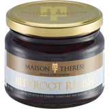 Sweet chunky beetroot relish in vibrant red, perfect for enhancing burgers, sandwiches, or cheese on crackers.