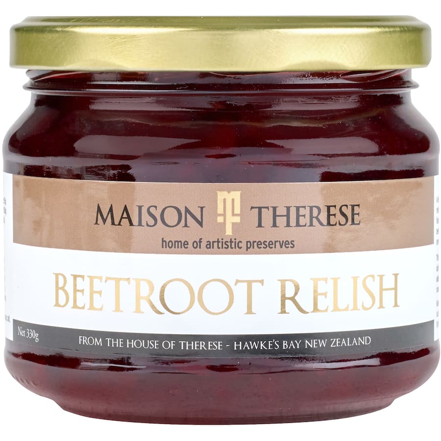 Maison Therese Relish Beetroot in a jar, featuring a vibrant red color and chunky texture, perfect for enhancing meals.