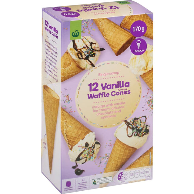 Woolworths Ice Cream Cones Waffle Vanilla 170g pack with crunchy vanilla-flavored cones, perfect for filling and toppings.