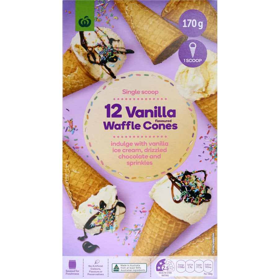 Woolworths 170g vanilla waffle ice cream cones, perfect for filling and enjoying as a sweet, crunchy treat.