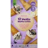 Crispy vanilla waffle cones, 12-pack, perfect for filling with ice cream and toppings for parties or family treats.