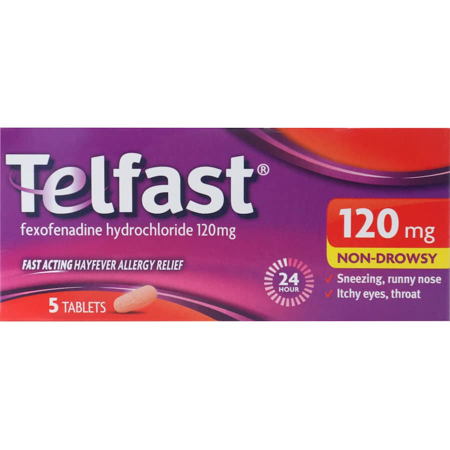 Telfast Hayfever Relief 120mg packaging, featuring fexofenadine, offers non-sedating allergy relief from hayfever symptoms.