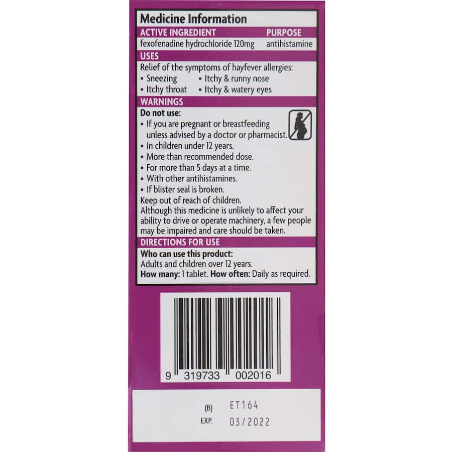 Telfast Hayfever Relief 120mg, a non-sedating antihistamine for effective allergy symptom relief like sneezing and itchy eyes.