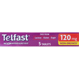 Telfast Hayfever Relief 120mg - non-sedating antihistamine for effective allergy symptom relief like sneezing and itchy eyes.