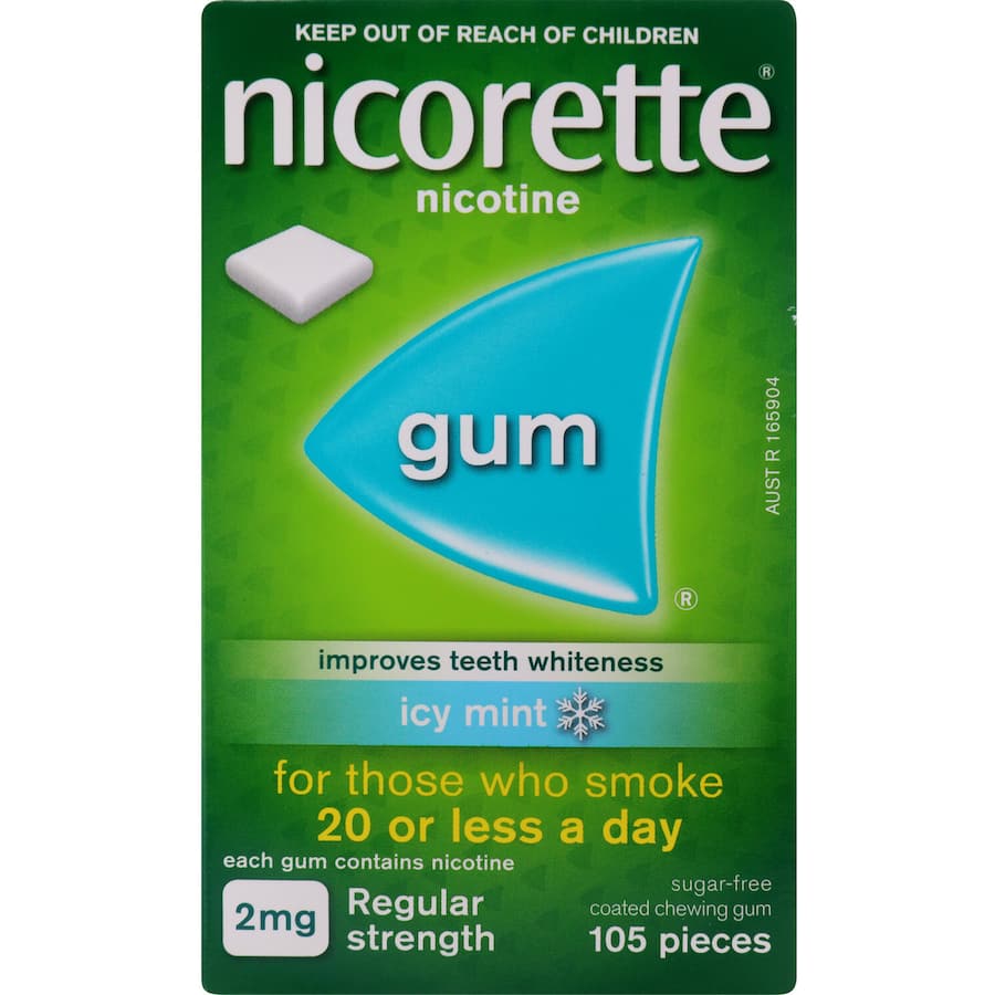 Nicorette Icy Mint Gum 2mg aids in quitting smoking by relieving cravings with a refreshing mint flavor.