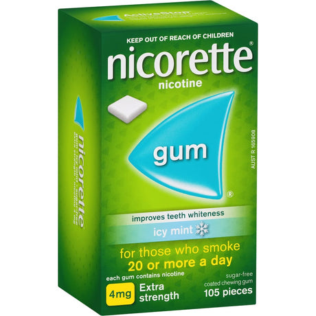 Nicorette Smoking Remedy Icy Mint Gum 4mg aids in quitting smoking with a refreshing icy mint flavor and nicotine relief.