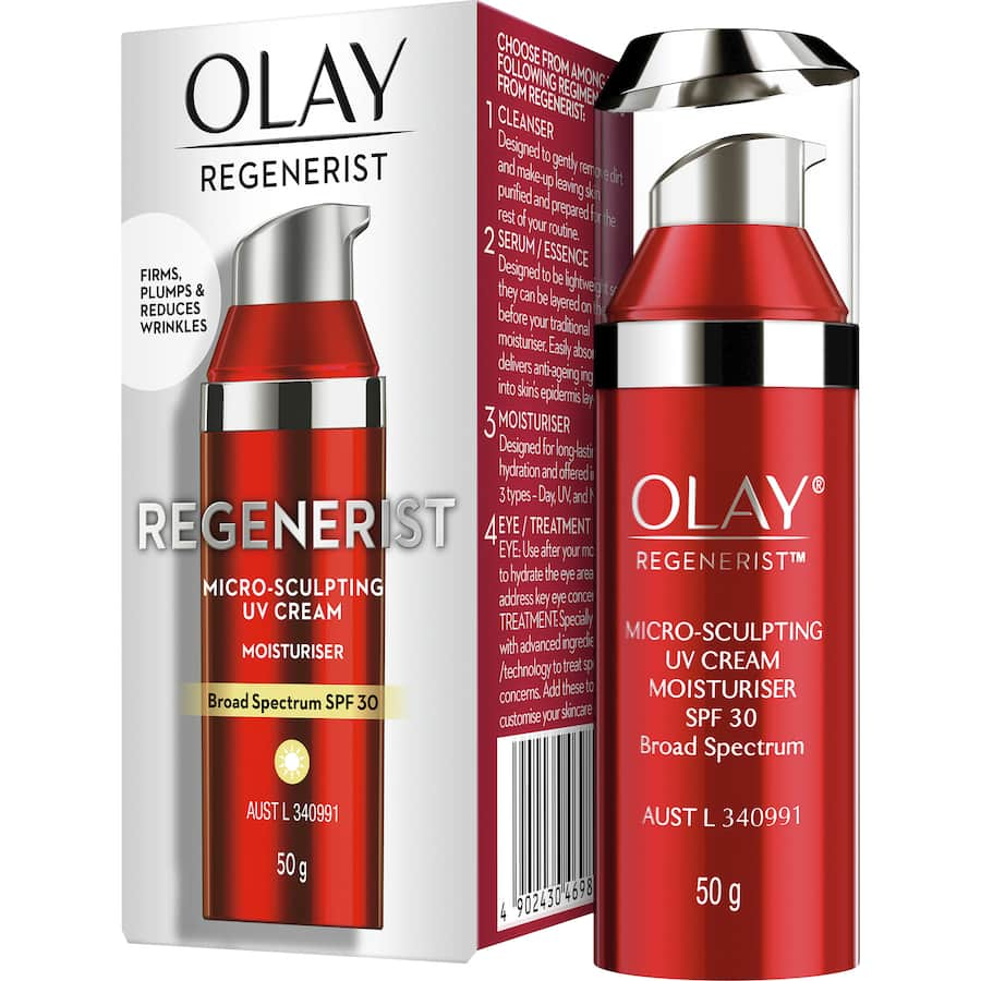 Olay Regenerist Microsculpting Face Cream SPF 30, a rich moisturizer that firms skin and reduces wrinkles for a youthful glow.