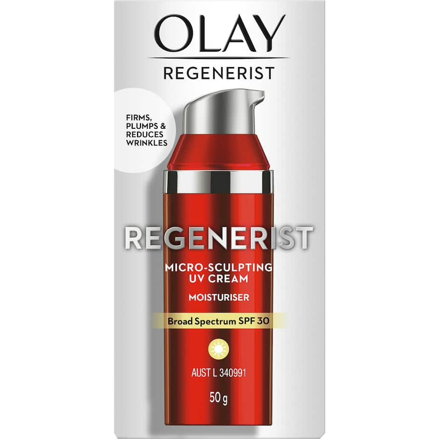 Olay Regenerist Microsculpting Face Cream SPF 30, a creamy anti-aging moisturizer that firms skin and protects against sun damage.