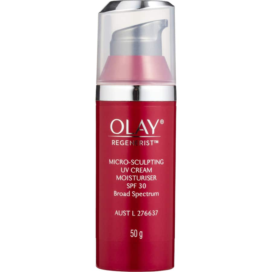 Olay Regenerist Microsculpting Face Cream, a rich anti-aging moisturizer with SPF 30 for firmer, youthful-looking skin.